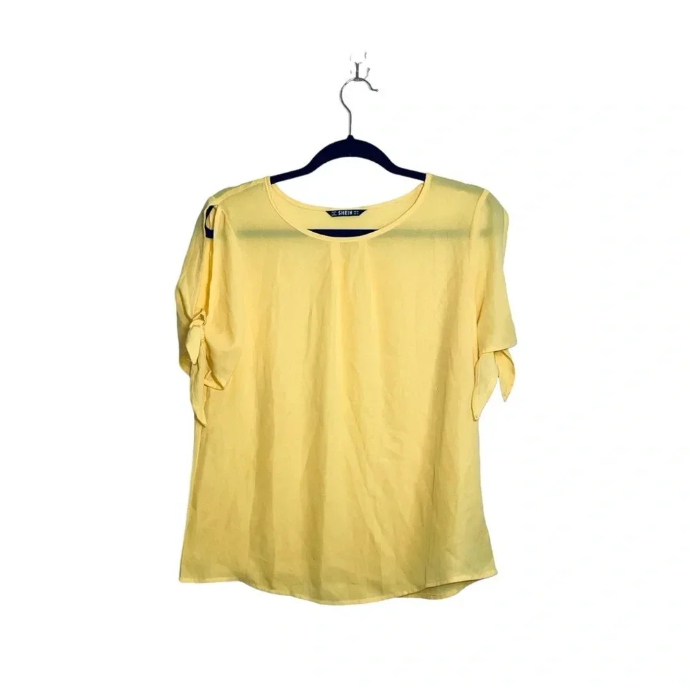 Shein Lemon Yellow Open Keyhole Tie Sleeve Blouse Medium Women’s